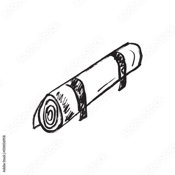 Fototapeta A rolled sleeping mat with straps. Comfort sleeping outdoors or exercising, camping item in black brush stroke texture isolated on white. Hand drawn vector sketch illustration in vintage charcoal ink.