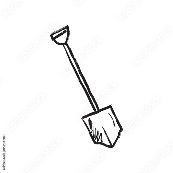 Fototapeta Shovel, an item used for digging, lifting, and moving materials such dirt, sand, snow in black brush stroke texture isolated on white. Hand drawn vector sketch illustration in vintage charcoal ink.