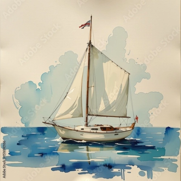 Obraz a soft watercolor sketch of a sailboat gliding on calm waters, using a light and breezy watercolor style, with pale turquoise and cream tones, on textured paper, delicate lines, fuzzy edges