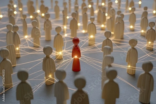 Obraz A single red figure amongst a crowd of light-filled wooden people, interconnected by glowing lines.  A concept of leadership, networking, or connection