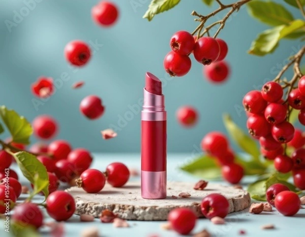 Obraz nature inspired lip balm advertisement scene with floating berry clusters, glossy bottle, elegant composition, berry red tones, crisp textures, product spotlight effect