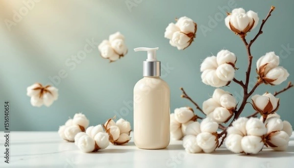 Obraz nature inspired baby lotion advertisement scene with floating cotton tufts, glossy bottle, elegant composition, soft pastel tones, crisp textures, product spotlight effect