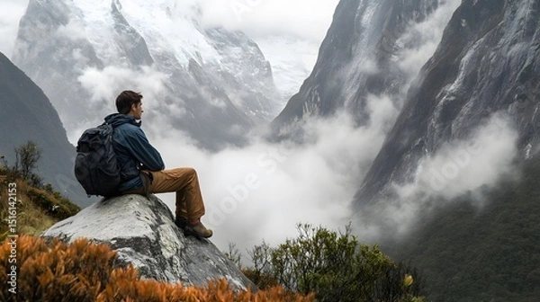 Fototapeta A hiker resting on a rock in a fog-covered mountain