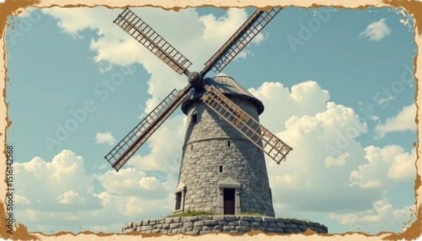 Obraz charming historic windmill in a vintage poster style, featuring sky gray blue shades, classic borders, aged textures, vintage appeal, high resolution