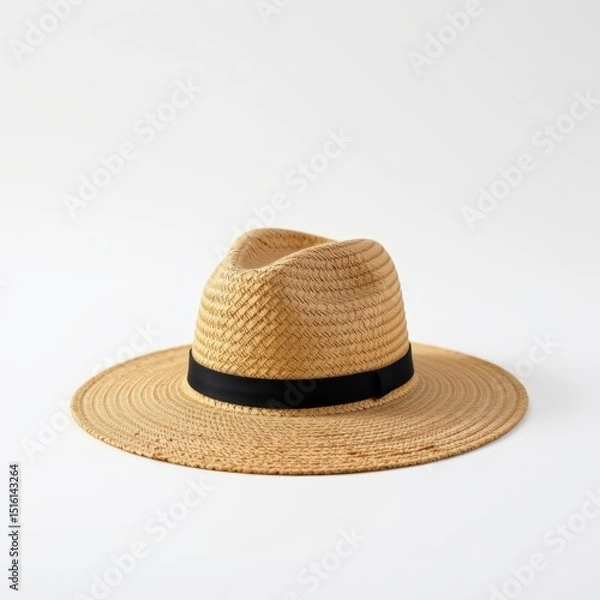 Obraz single straw hat on a white background, in a refined style, with sharp details, minimal reflection, studio glow, high resolution