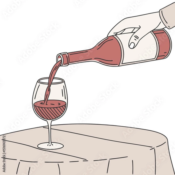 Fototapeta Hand pouring red wine from bottle into glass. Sketch illustration.