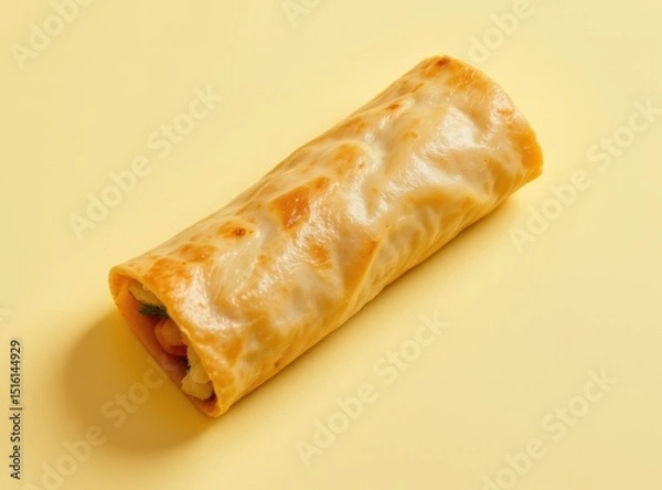 Obraz delicate spring roll positioned in the top left corner on a pale lemon background, in a minimalist food photography style, with light morning glow, spacious composition, high resolution