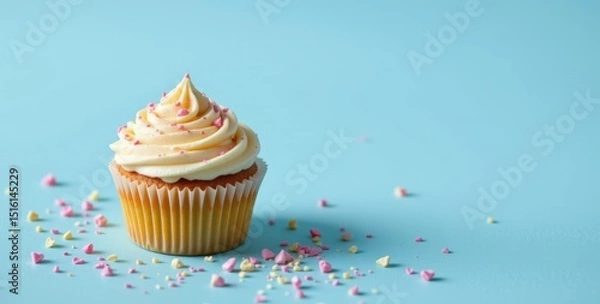 Obraz delicate cupcake positioned in the top left corner on a powder blue background, in a minimalist food photography style, with feathered glow, spacious composition, high resolution