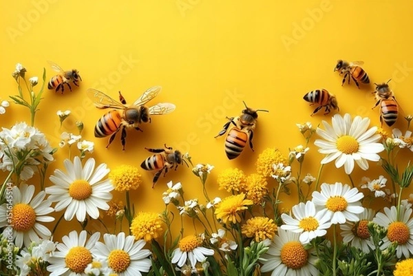 Fototapeta World bee day celebration with honeycomb pattern and vibrant flowers for nature awareness