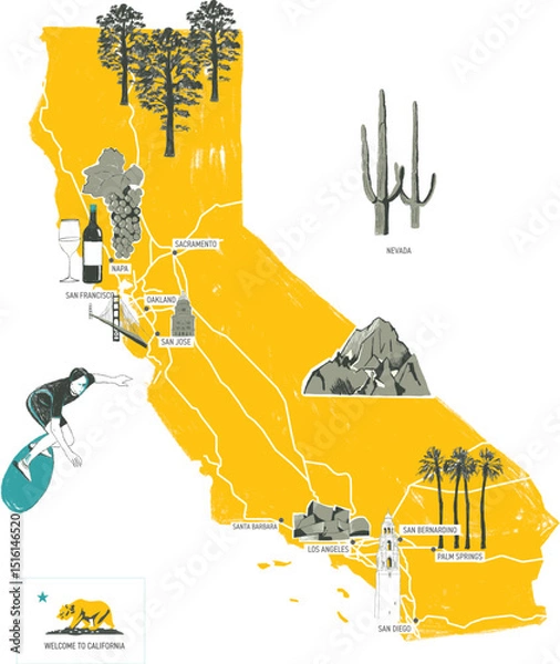 Obraz Hand drawn illustration of California with tourist attractions and cities names. Travel concept with landmarks,roadmap, animals. Template for card, poster, banner, print, t-shirt, pin, badge, patch.