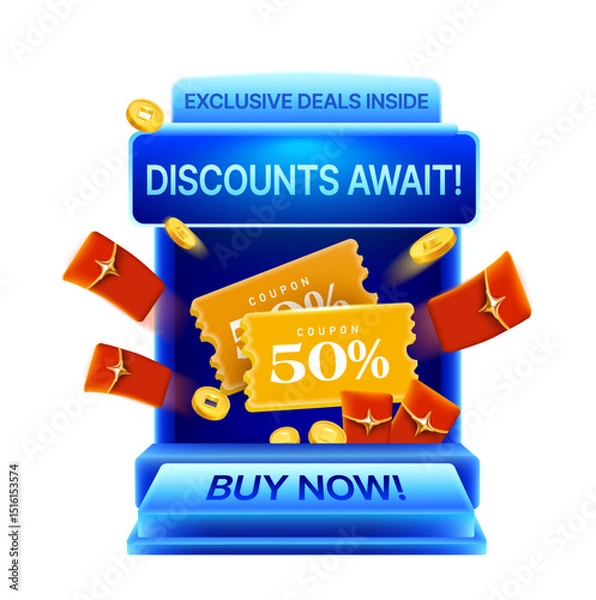 Fototapeta 3d coupons, coins and lucky money flying out from a minimal shop, isolated on red background, shining effect. Exclusive shopping gift voucher discount banner template in 3d vector. Vector illustration