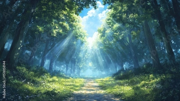 Fototapeta Exploring tranquil sunlit forest pathways nature landscape photography serene environment wide-angle view natural beauty