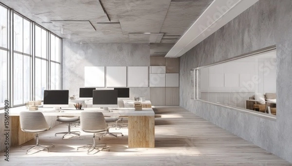 Fototapeta Clean office space with raw concrete textures, neutral tones, and desk with whiteboard mockups.
