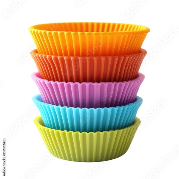 Fototapeta Colorful stack of silicone baking cups in various shades perfect for desserts and snacks transparent background, cutout PNG