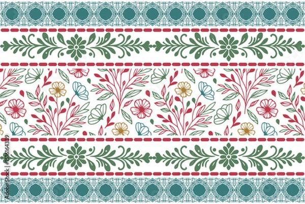 Obraz Seamless floral border repeat.Hand drawn botanical art.One line pattern design.Modern textile flowers.Sketch minimal elements

