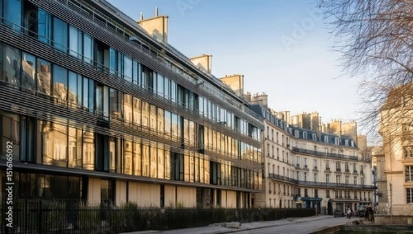 Fototapeta Morning light highlighting the contrast between a sleek modern building and Parisian architecture.