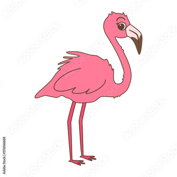 Fototapeta cute hand drawn cartoon character pink flamingo vector illustration isolated on white background