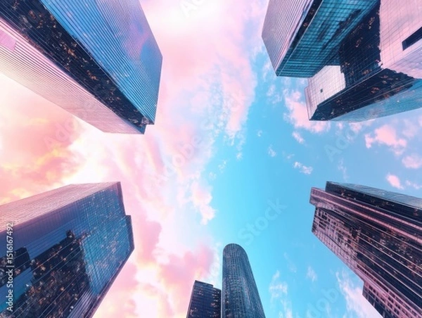 Obraz Skyward view of modern city skyscrapers at sunset urban landscape architectural photography aesthetic perspective