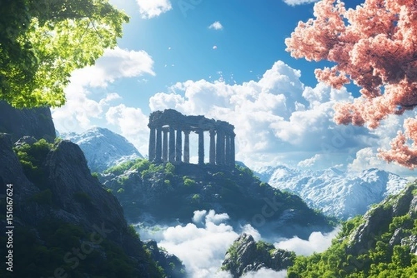 Obraz Majestic ancient ruins surrounded by lush nature mountainous landscape serene sky inspirational view fantasy concept