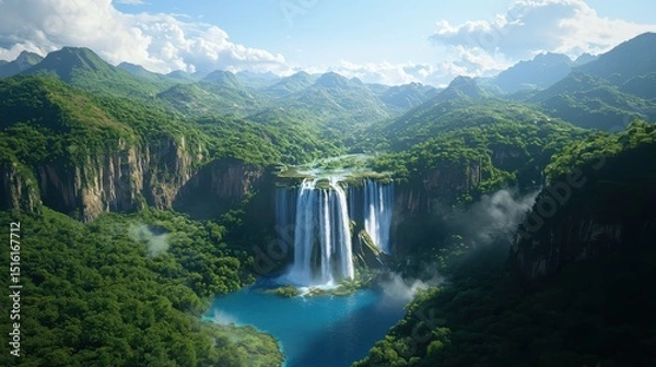Obraz Majestic waterfall cascading in lush green valley nature photography scenic viewpoint tranquil environment