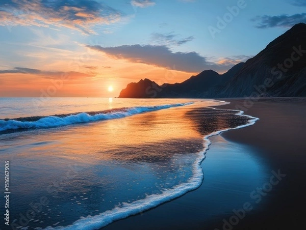 Obraz Sunset reflection on tranquil beach coastal landscape seaside serene atmosphere peaceful view