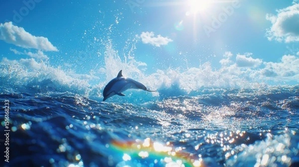 Obraz Dolphin leaping over waves ocean wildlife action shot bright day underwater perspective natural habitat