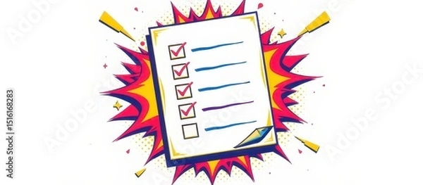 Fototapeta List memorizing concept. Checklist with comic-style explosion background and checked items.