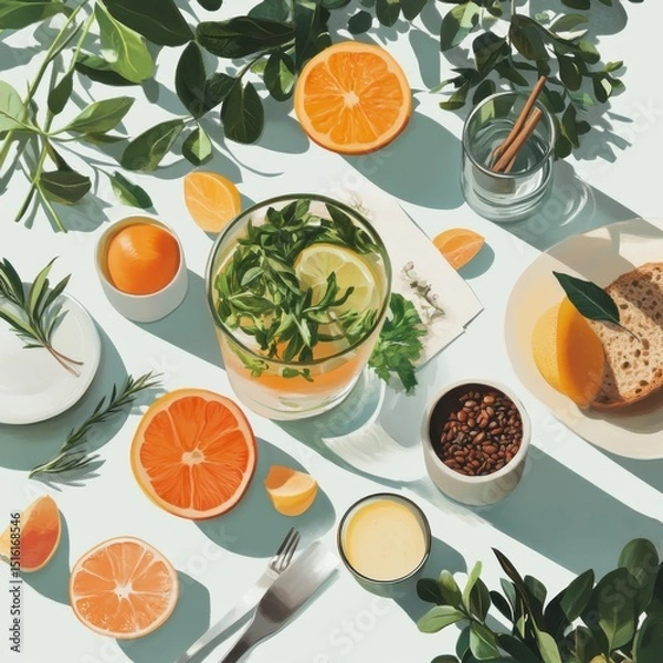Obraz Refreshing citrus drink with fresh fruits and herbs kitchen table food photography bright natural light