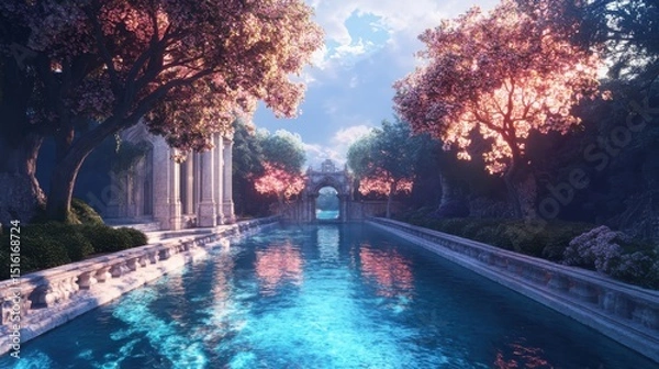 Obraz Tranquil river reflection at dawn serene garden digital art fantasy landscape wide angle nature's beauty