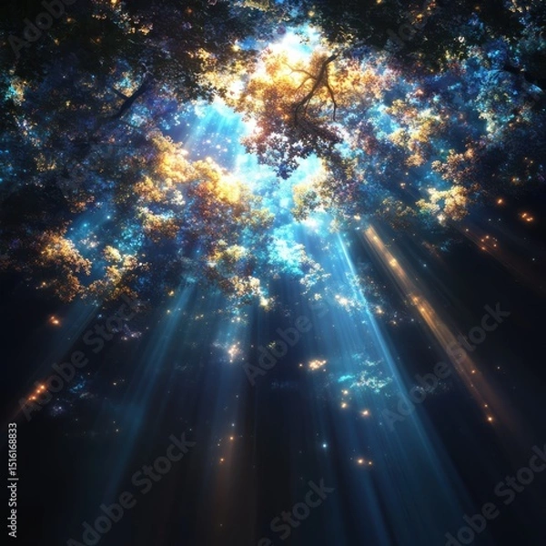 Obraz Dramatic light rays breaking through canopy enchanted forest nature photography ethereal environment low angle serenity