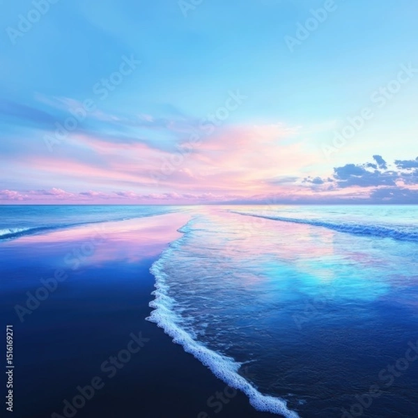 Obraz Serene ocean sunset reflection coastal beach nature photography tranquil environment wide angle view peaceful concept