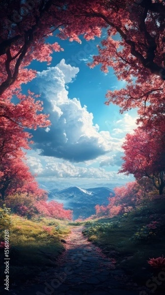 Obraz Serene hiking trail surrounded by cherry blossom trees mountain view digital art daytime scenic nature concept