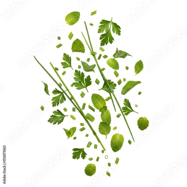 Obraz Small herbs flying around at different angles with natural distance, suitable for organic food advertising or healthy lifestyle design. Sharp detailed PNG on transparent background.