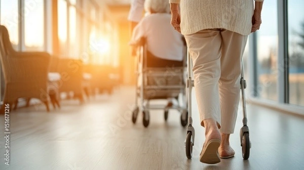 Fototapeta An elderly woman walking with a walker, accompanied by another resident in a care facility, reflects the importance of support, care, and community within assisted living environments.