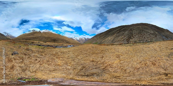 Obraz Full Spherical panorama of autumnal highland pasture on slope of the mountain at sunny afternoon in equirectangular projection