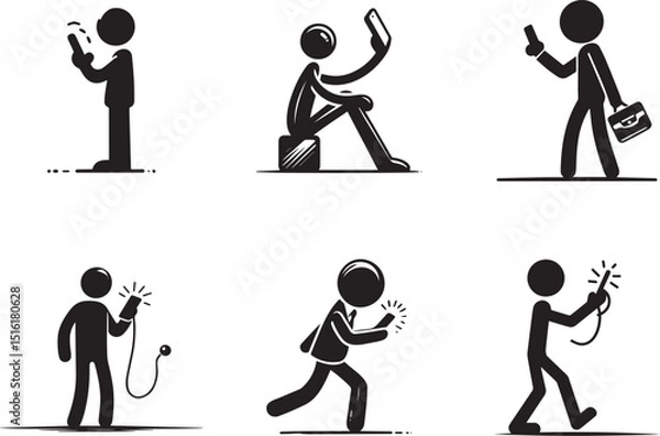 Fototapeta Simple Stickman Talking or Texting on Phone Silhouette Drawing on White