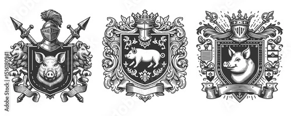 Fototapeta medieval heraldic crests featuring pigs Set collection bundle sketch engraving generative ai raster illustration. Scratch board imitation. Black and white image.