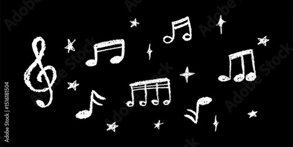 Fototapeta Vector illustration of white music notes and stars in charcoal scribble style. Cute childish music school pastel or wax pencil signs. Handwritten pop elements on black for kindergarten designs.