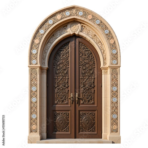 Fototapeta Arabic style arched door with mosaic tiles, intricate carvings, sand-colored wood, isolated on white background