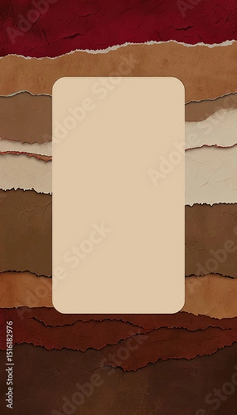 Fototapeta Abstract vertical background with torn paper texture layers in warm earthy tones and a centered blank beige space. Ideal for presentations, posters, or creative design templates