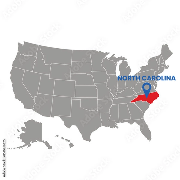 Fototapeta Map of USA highlighting North Carolina in red with a pinpoint marker indicating the location This graphic is ideal for educational materials or presentations.