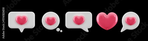 Fototapeta 3D cartoon heart notifications icon. Social media speech bubble messages with pink hearts. Vector isolated on black background