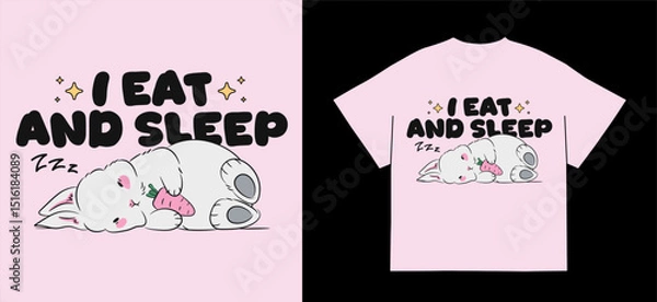 Fototapeta Cute bunny sleeping with a carrot and "I Eat and Sleep" slogan. Coquette style print for kids' t-shirt design. Vector isolated on pink background