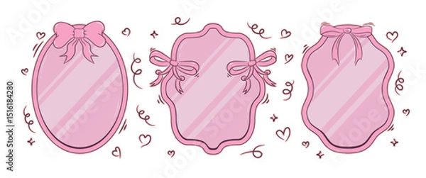 Fototapeta Cartoon mirror collection in coquette style. Cute decorative label with bows and reflections. Vector set isolated on white background