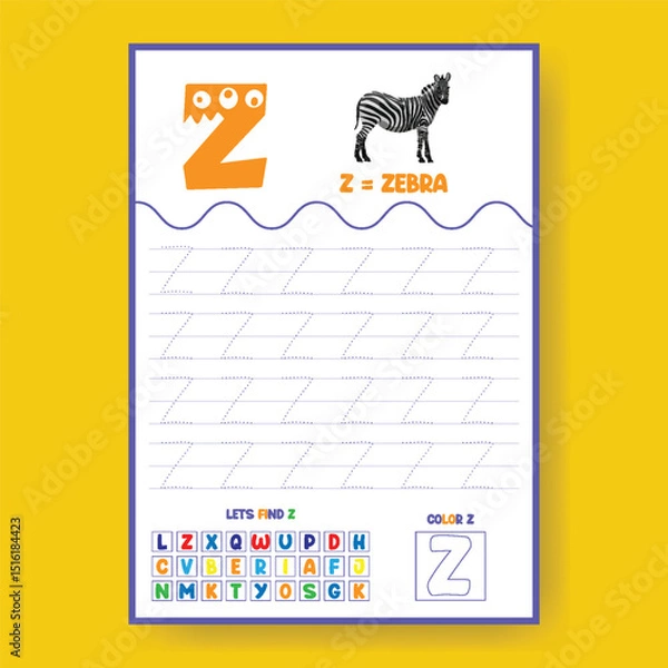 Fototapeta Alphabet learning and writing practice tracing worksheet template