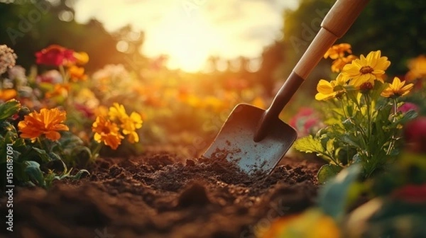 Fototapeta Gardening in a flowerbed at sunset.  A shovel digs into rich soil, surrounded by colorful blooms