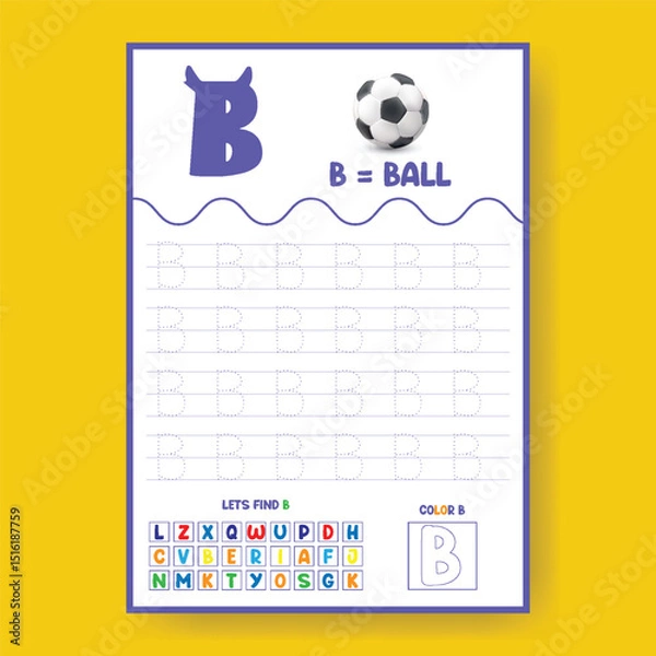Obraz Alphabet learning and writing practice tracing worksheet template, ABC writing, tracing, coloring practice a4 print ready worksheet vector template for kids