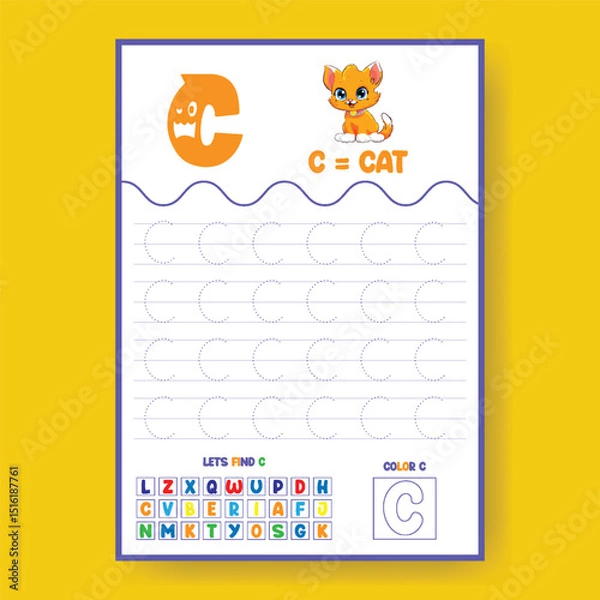 Obraz Alphabet learning and writing practice tracing worksheet template, ABC writing, tracing, coloring practice a4 print ready worksheet vector template for kids