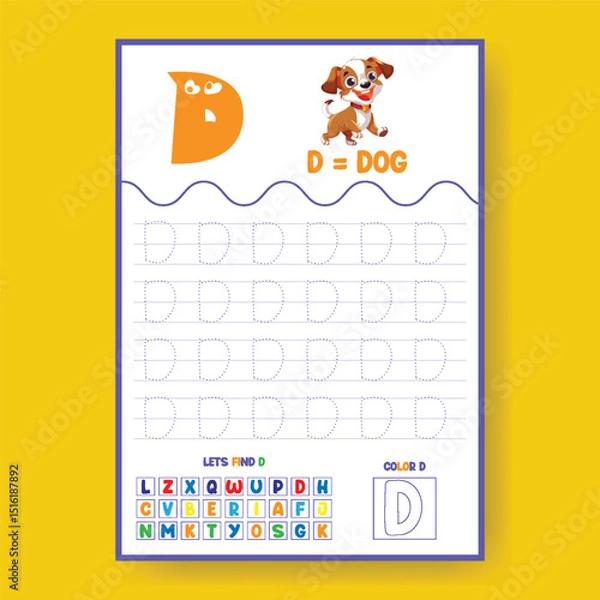 Obraz Alphabet learning and writing practice tracing worksheet template, ABC writing, tracing, coloring practice a4 print ready worksheet vector template for kids