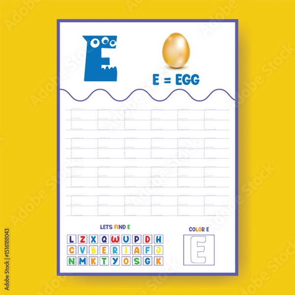 Fototapeta Alphabet learning and writing practice tracing worksheet template, ABC writing, tracing, coloring practice a4 print ready worksheet vector template for kids